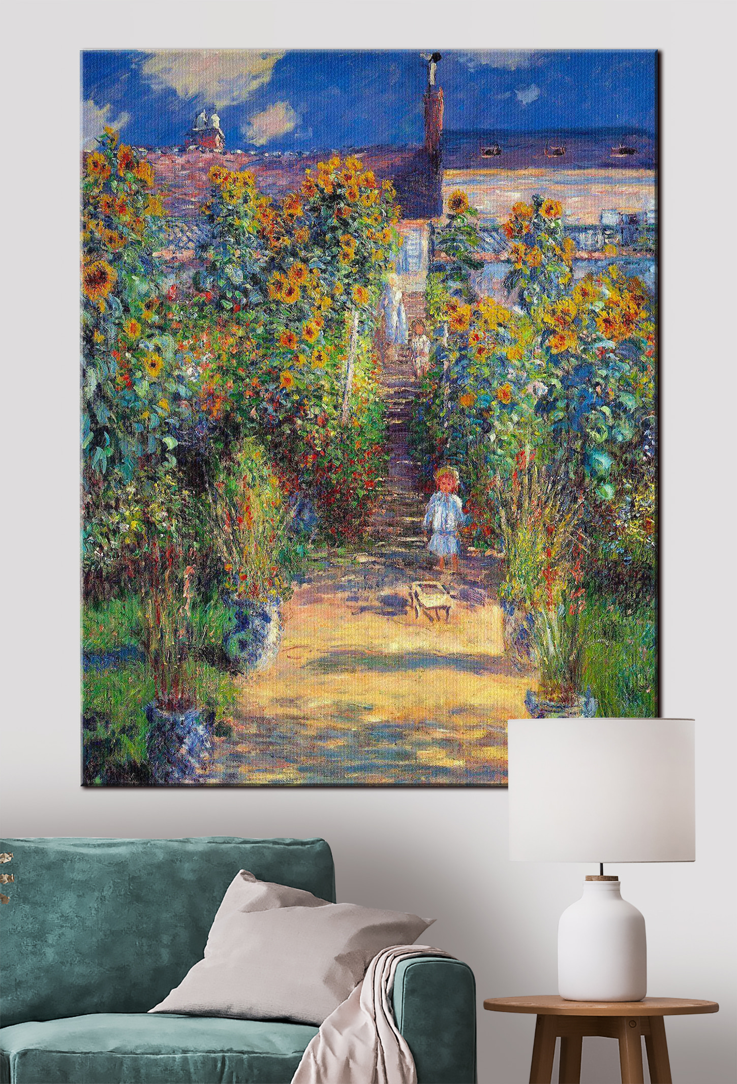 A painting of a child walking in a garden A painting of a child walking in a garden