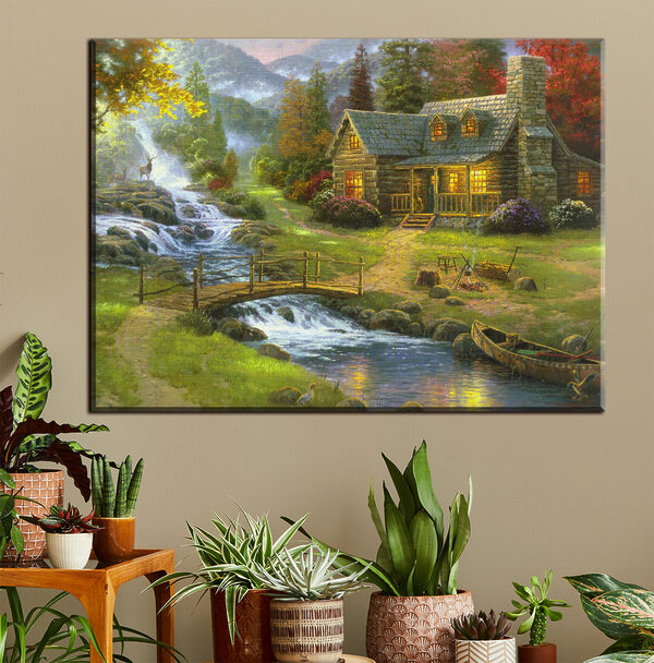 Cuadros Un cuadro que representa una cabaña de madera con un puente sobre un río (SKU: s15144) Cuadros Cuadros Un cuadro que representa una cabaña de madera con un puente sobre un río (SKU: s15144)