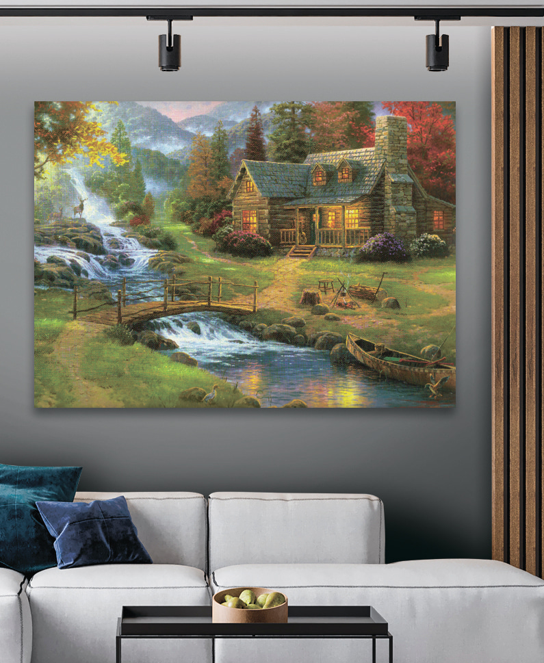 A painting of a log cabin with a bridge over a river A painting of a log cabin with a bridge over a river