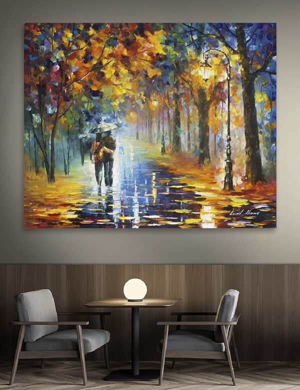 A painting of a couple walking in a park with trees and a lamp post A painting of a couple walking in a park with trees and a lamp post