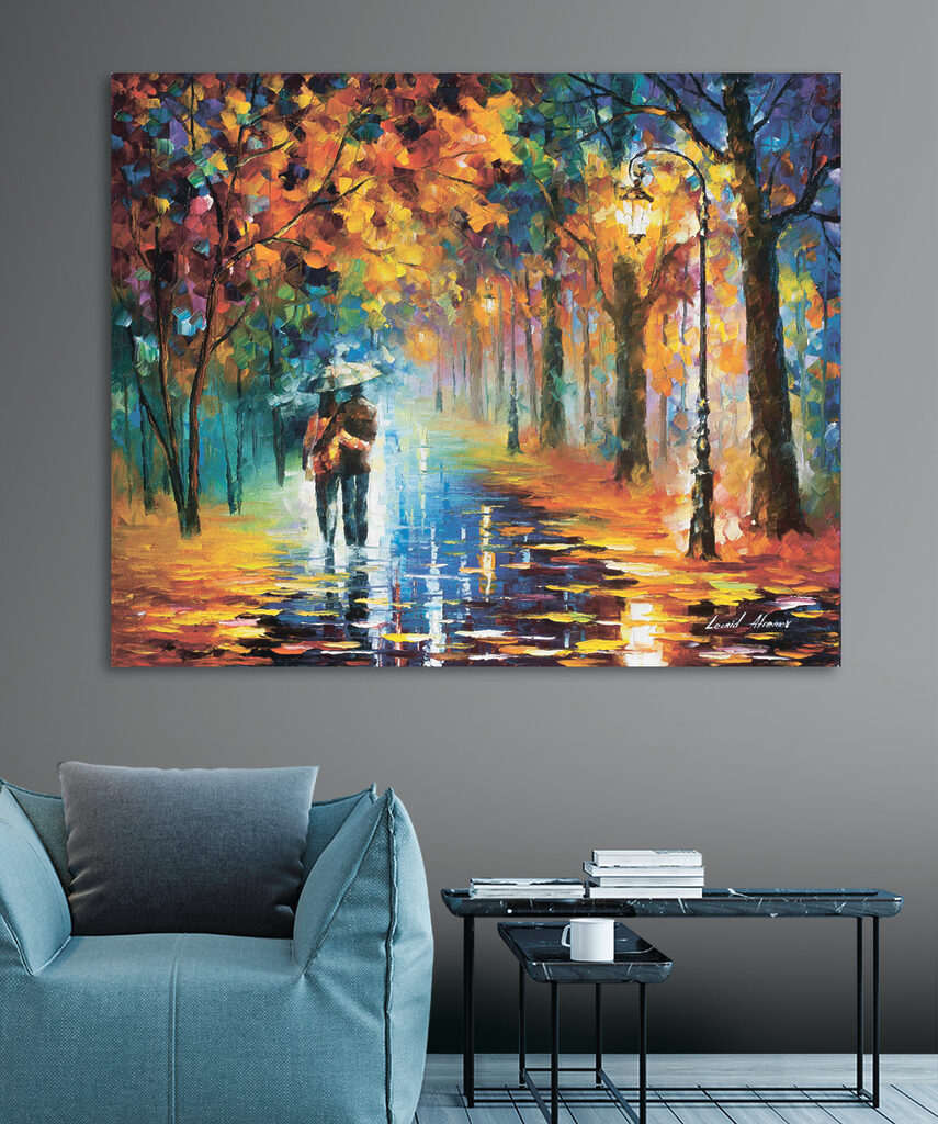 A painting of a couple walking in a park with trees and a lamp post A painting of a couple walking in a park with trees and a lamp post