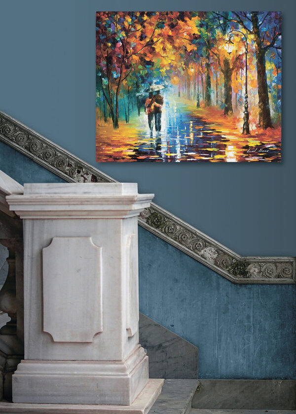 A painting of a couple walking in a park with trees and a lamp post A painting of a couple walking in a park with trees and a lamp post