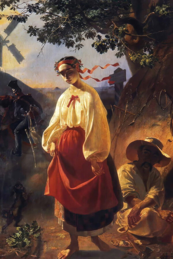 A painting of a woman in a red skirt