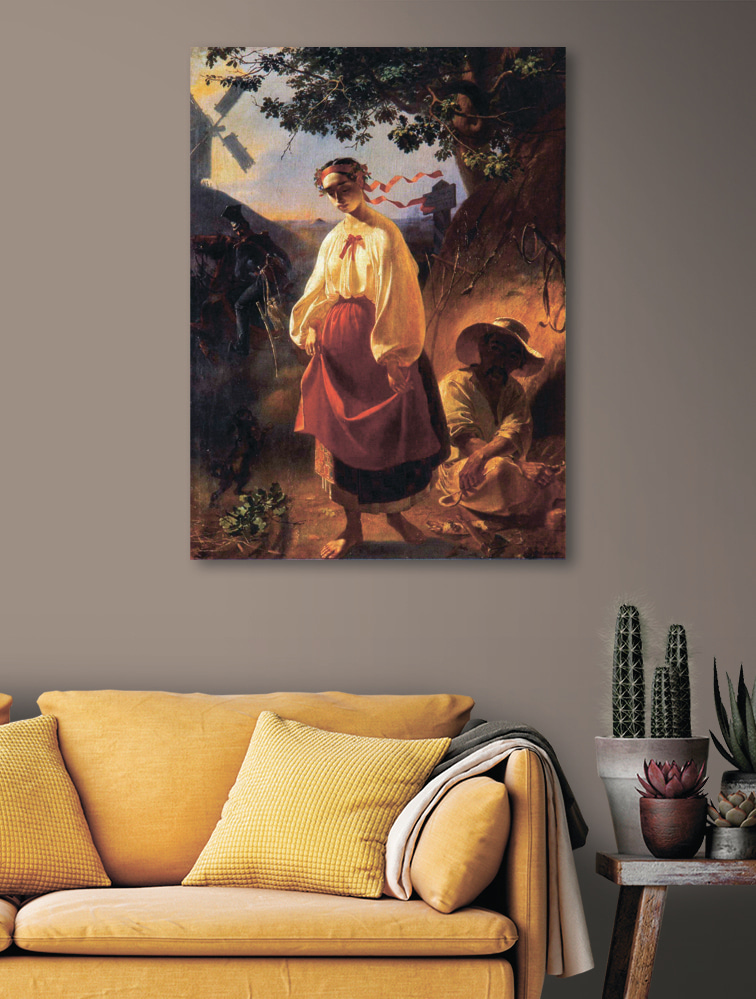A painting of a woman in a red skirt