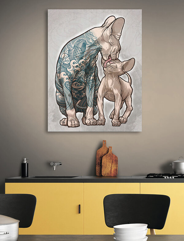 A cat licking a hairless cat