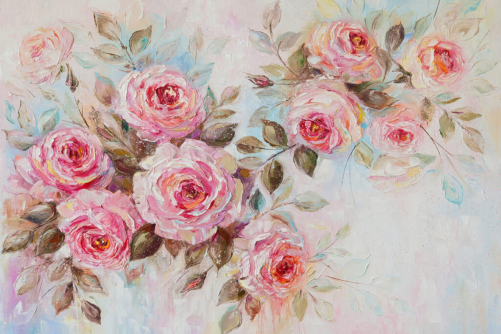 A painting of pink roses