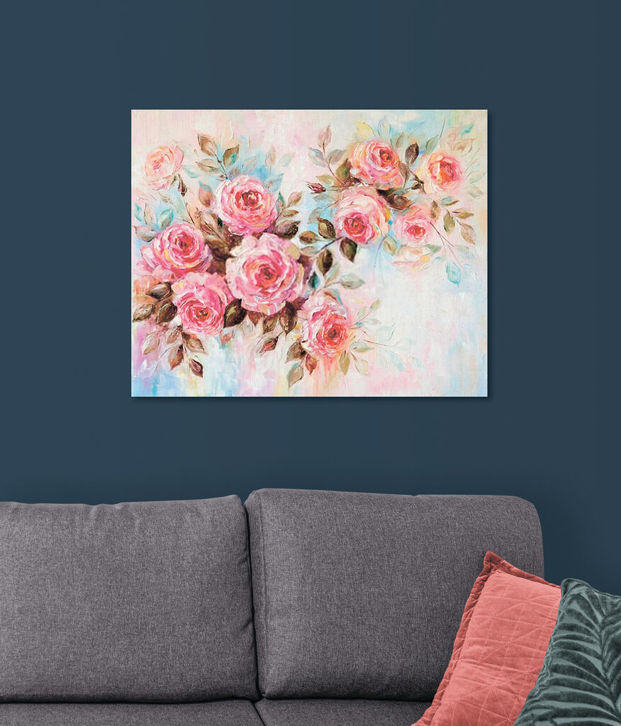 A painting of pink roses