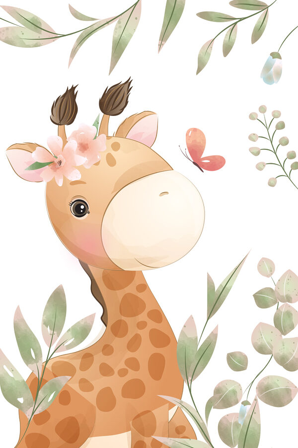 A giraffe with flowers and leaves