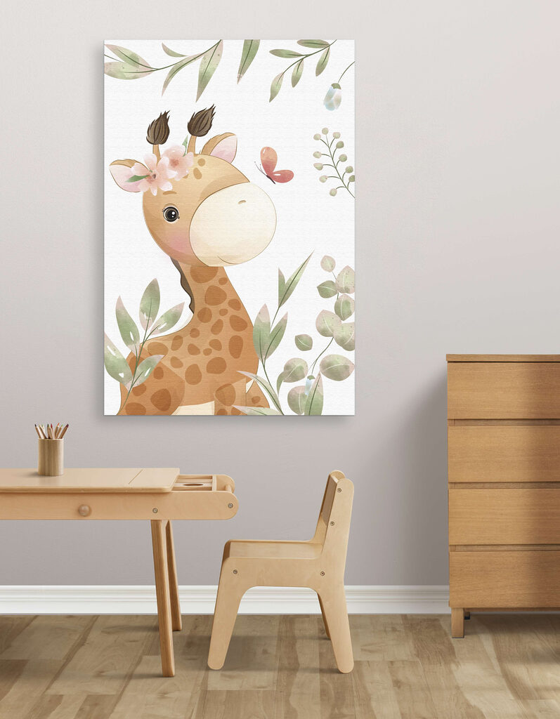 A giraffe with flowers and leaves