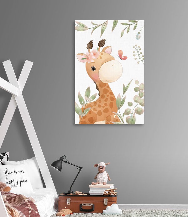 A giraffe with flowers and leaves