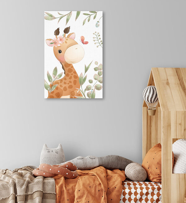 A giraffe with flowers and leaves
