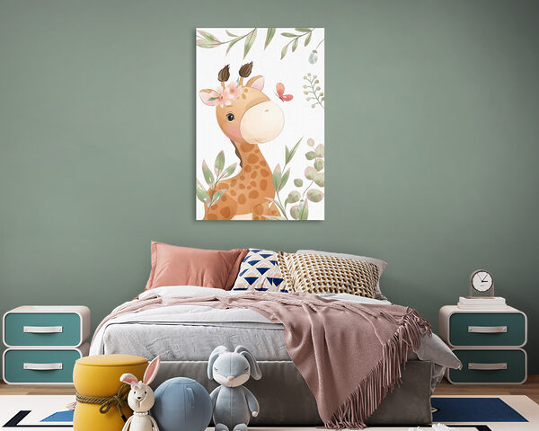 A giraffe with flowers and leaves