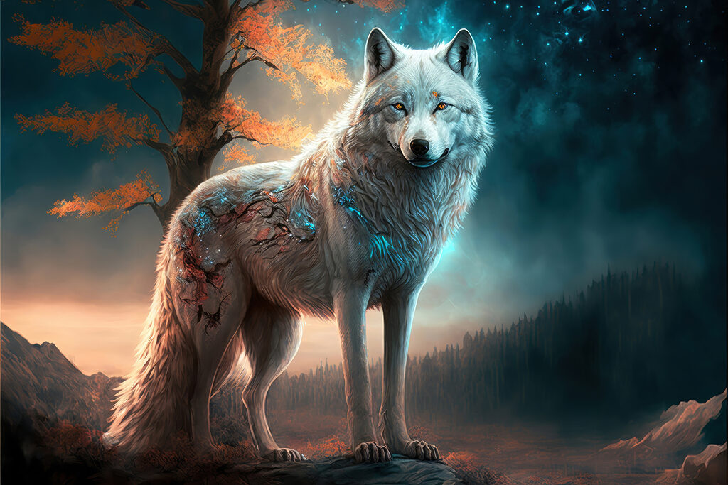 A white wolf standing on a rock