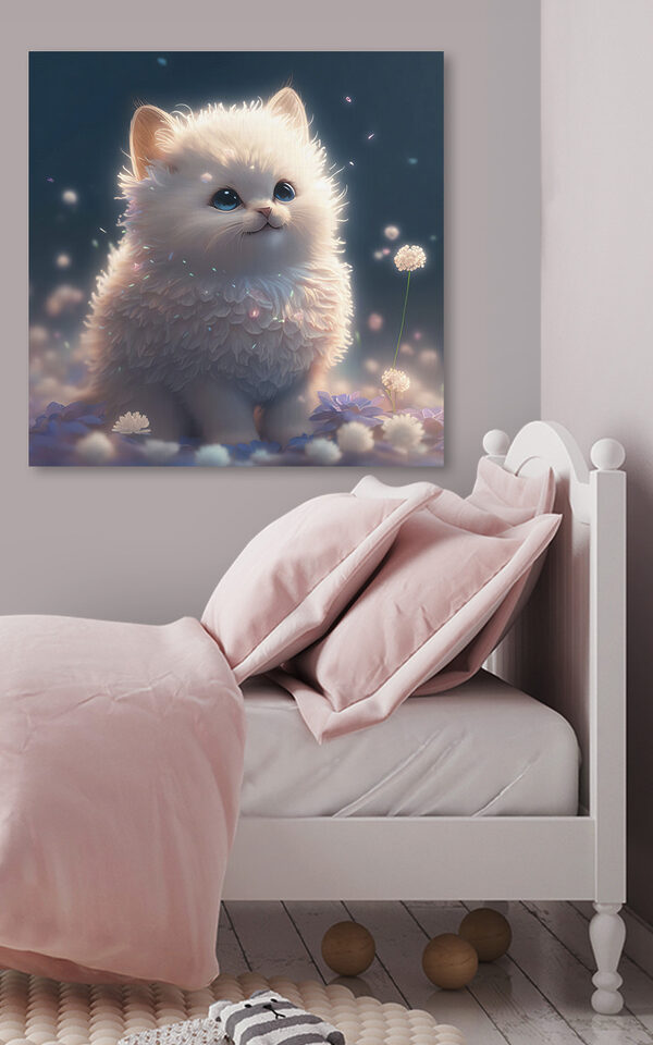 A white fluffy cat with blue eyes
