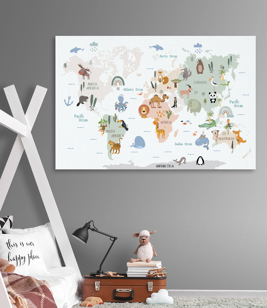 A map of the world with animals