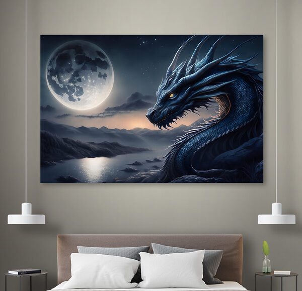 A blue dragon with a moon in the background