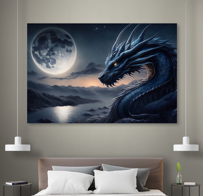 A blue dragon with a moon in the background