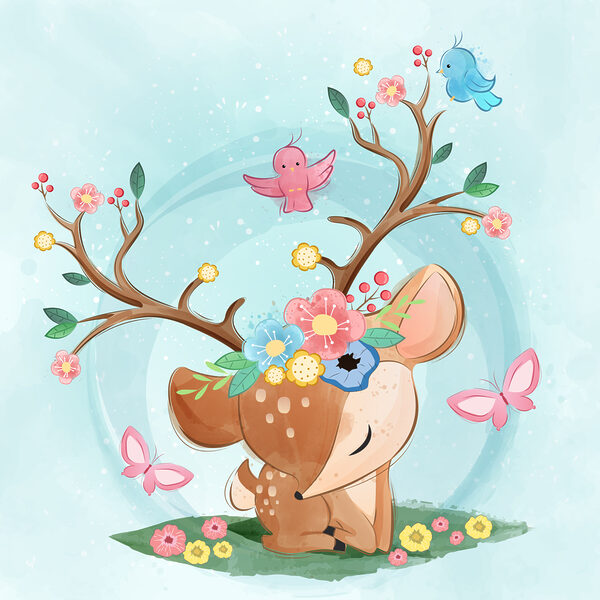 A cartoon deer with flowers and birds A cartoon deer with flowers and birds