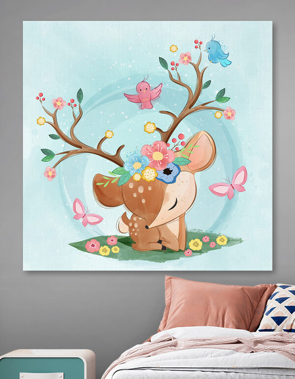 Cuadros Un ciervo de dibujos animados con flores y pájaros (SKU: s32795) Cuadros Cuadros Un ciervo de dibujos animados con flores y pájaros (SKU: s32795)