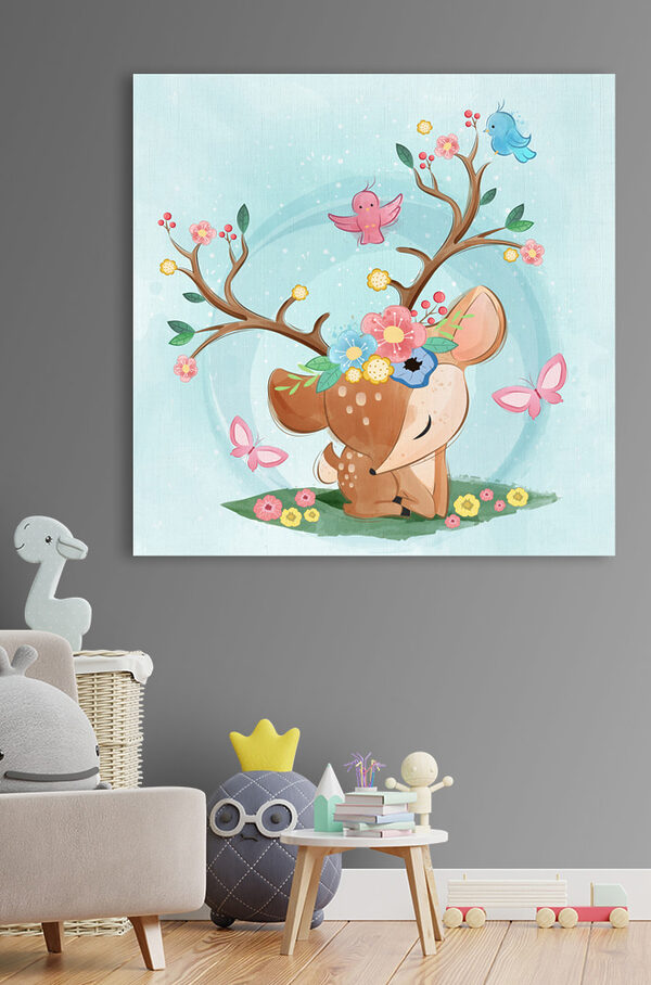A cartoon deer with flowers and birds A cartoon deer with flowers and birds