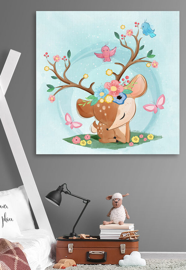 A cartoon deer with flowers and birds A cartoon deer with flowers and birds