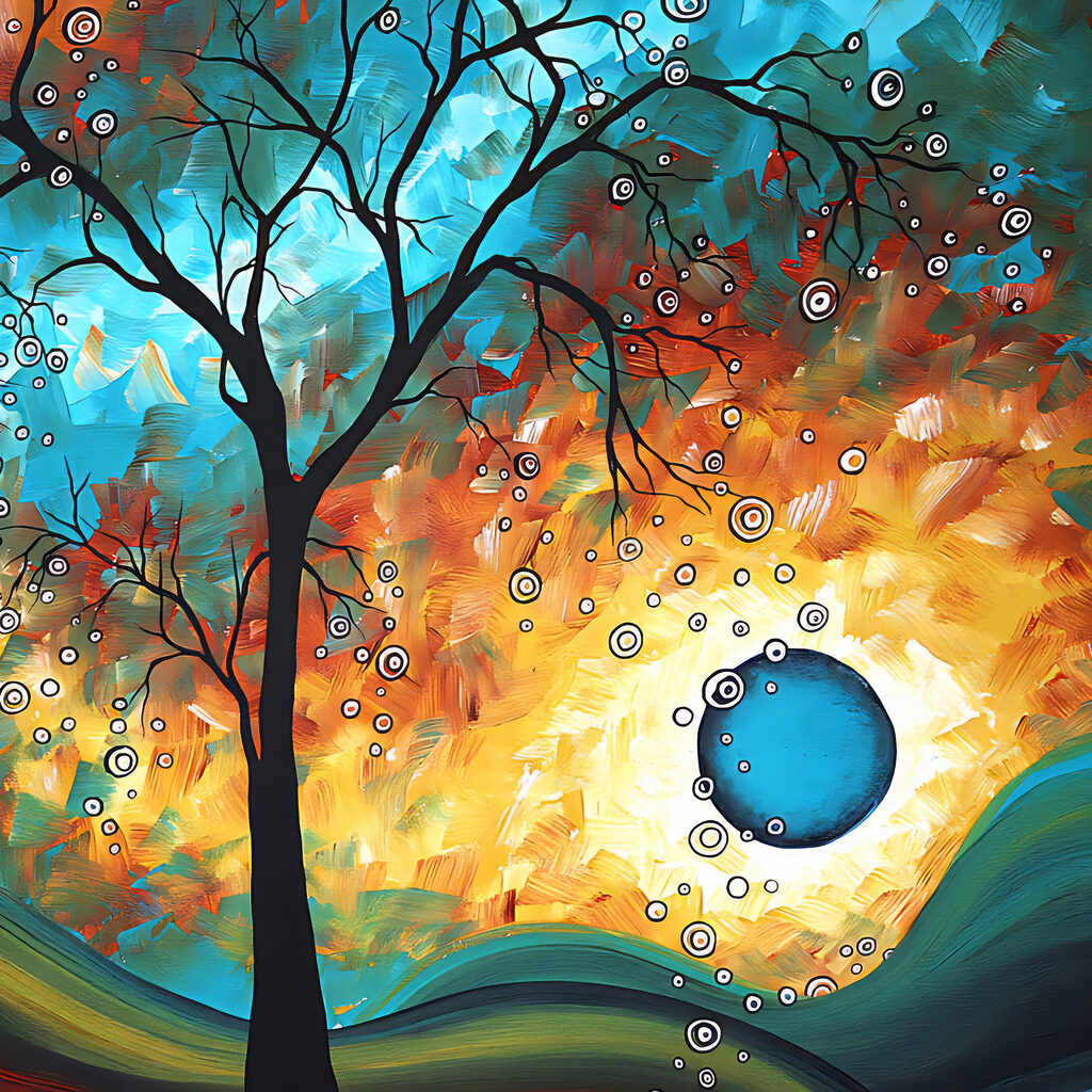 A painting of a tree and a sunset