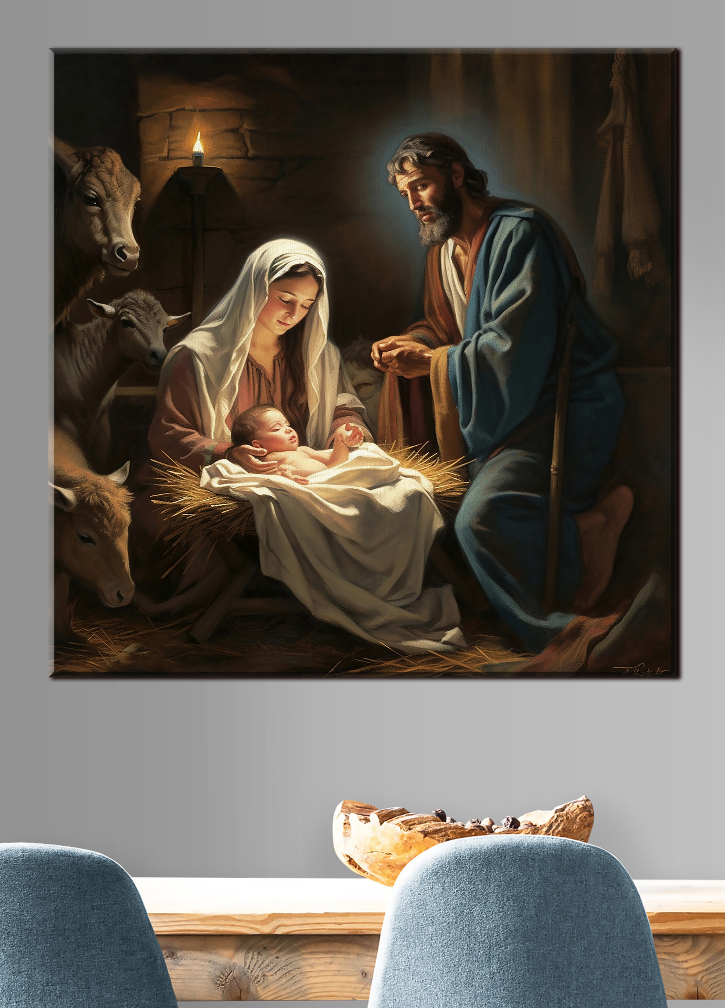 A painting of a man and woman in a manger with animals around