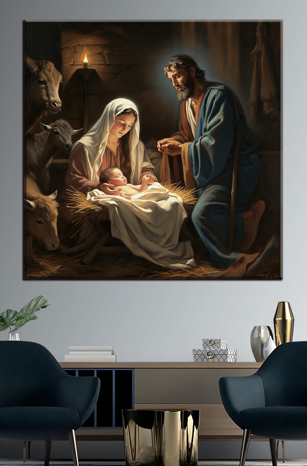 A painting of a man and woman in a manger with animals around
