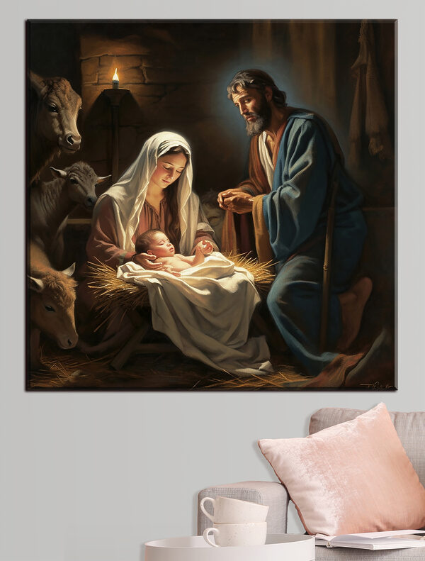 A painting of a man and woman in a manger with animals around