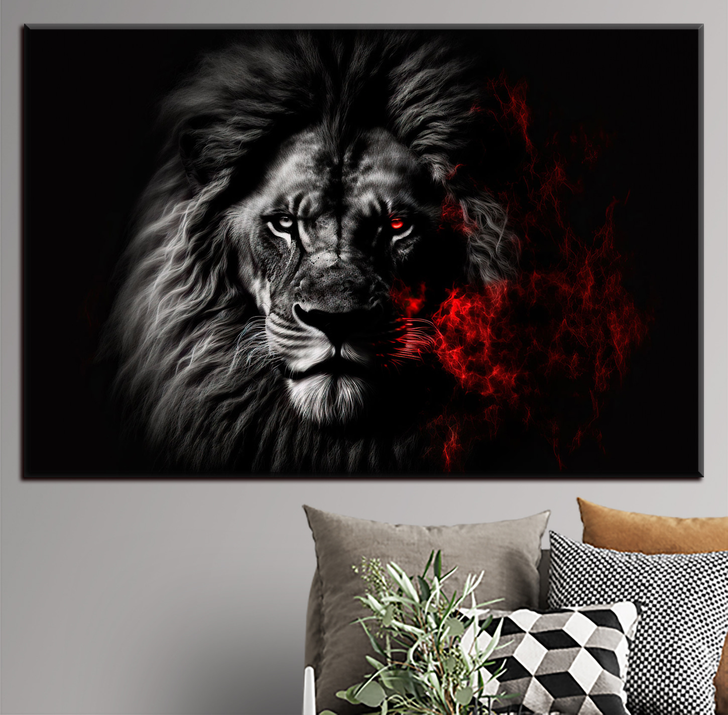 A black lion with red eyes