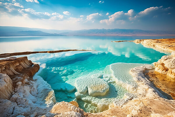 A body of water with rocks and blue sky