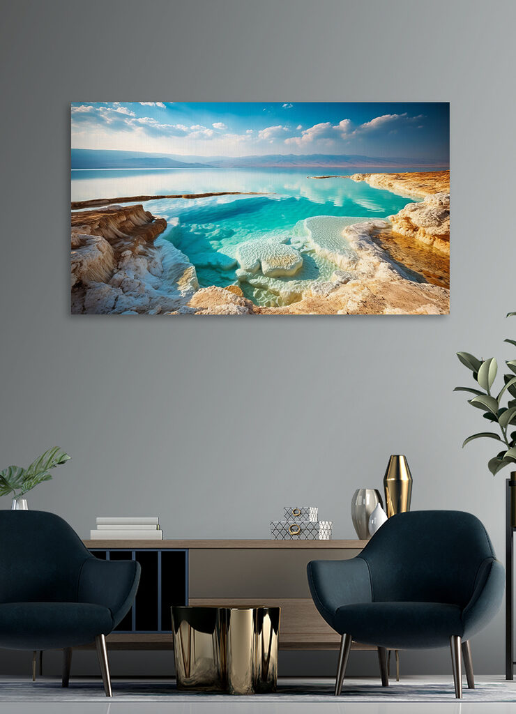 A body of water with rocks and blue sky