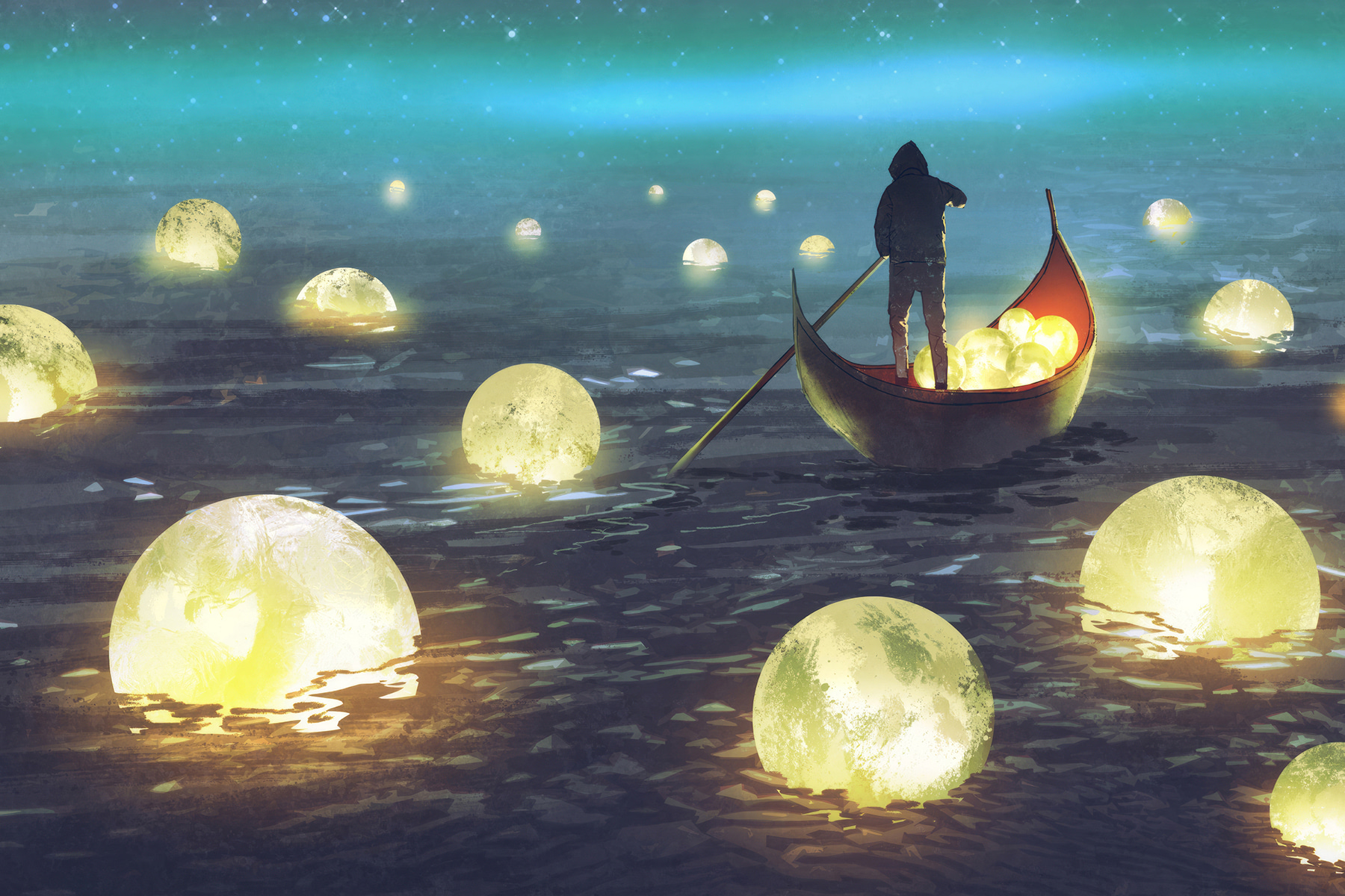 A person in a boat with glowing balls floating in the water A person in a boat with glowing balls floating in the water