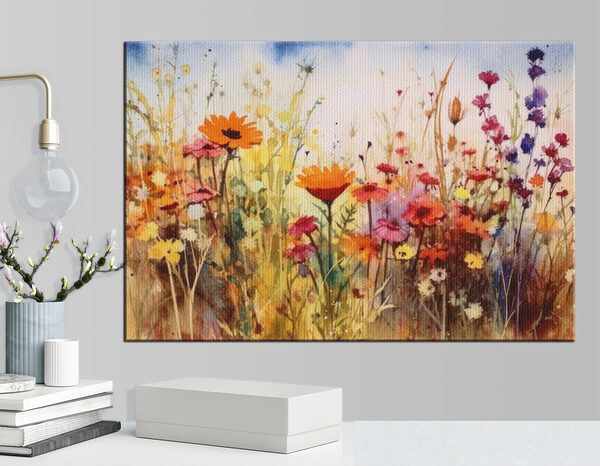 A painting of flowers in a field