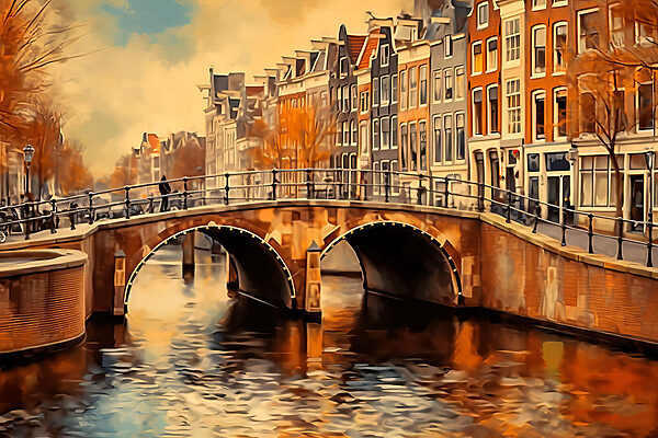 A bridge over a river with buildings in the background A bridge over a river with buildings in the background
