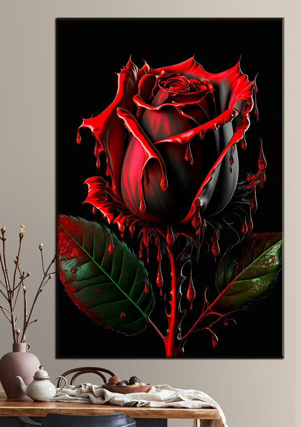 Cuadros Una rosa roja con hojas verdes y gotas de pintura roja (SKU: s33709) Cuadros Cuadros Una rosa roja con hojas verdes y gotas de pintura roja (SKU: s33709)