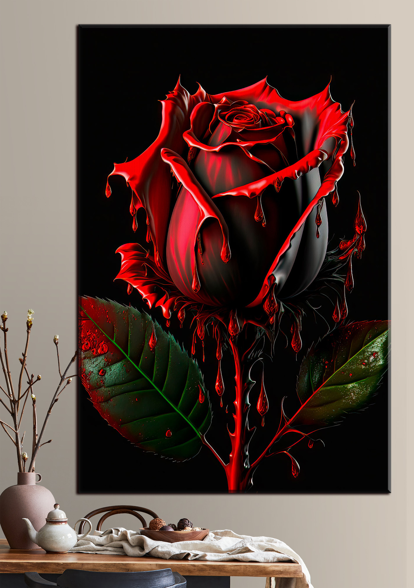 A red rose with green leaves and dripping red paint