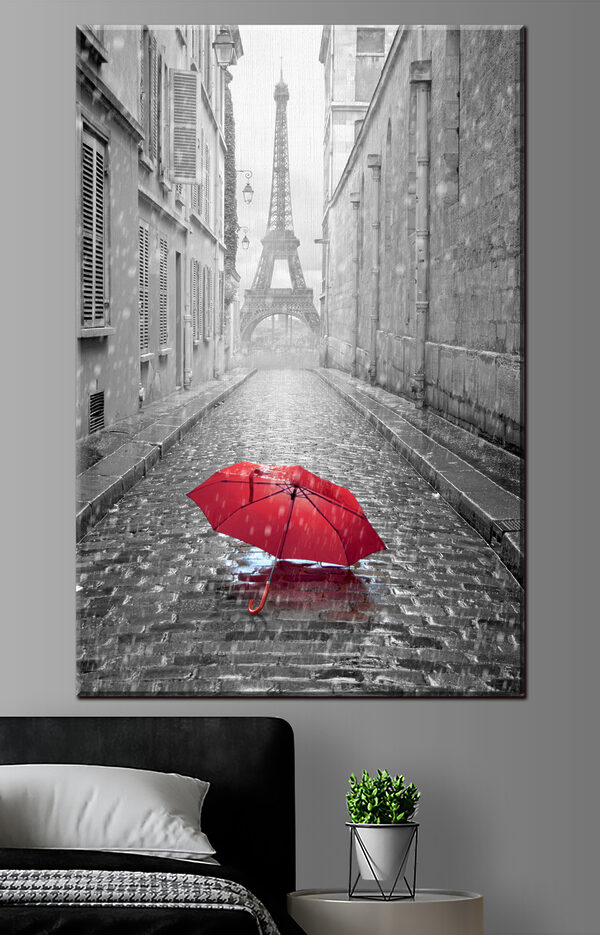 Cuadros Un paraguas rojo en una calle con una torre al fondo (SKU: s33713) Cuadros Cuadros Un paraguas rojo en una calle con una torre al fondo (SKU: s33713)