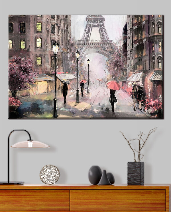 A painting of people walking with umbrellas in a city