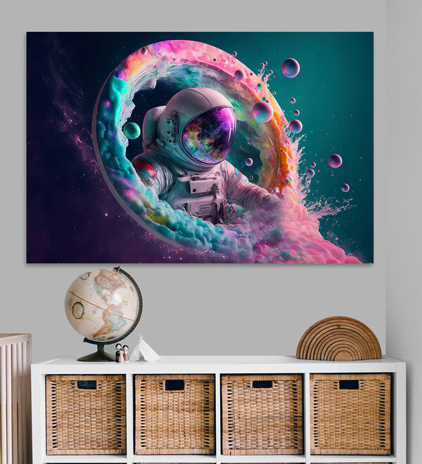 An astronaut in a colorful circle