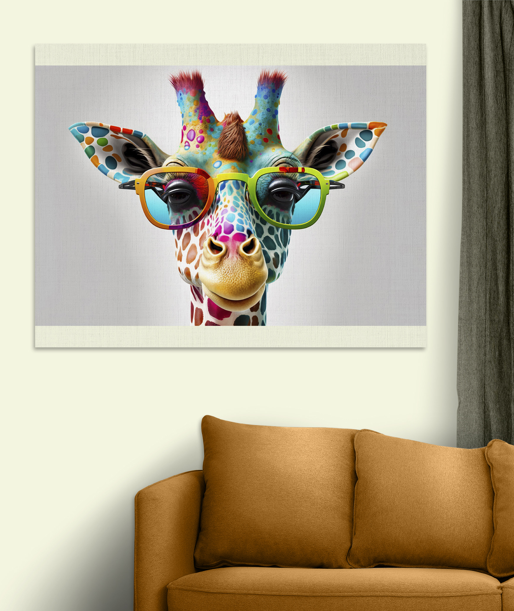 A giraffe wearing glasses