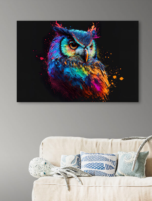 Cuadros Un búho de colores con salpicaduras de pintura (SKU: s33551) Cuadros Cuadros Un búho de colores con salpicaduras de pintura (SKU: s33551)