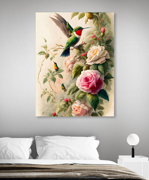 Cuadros Un cuadro de pájaros en una rama con flores (SKU: s33561) Cuadros Cuadros Un cuadro de pájaros en una rama con flores (SKU: s33561)