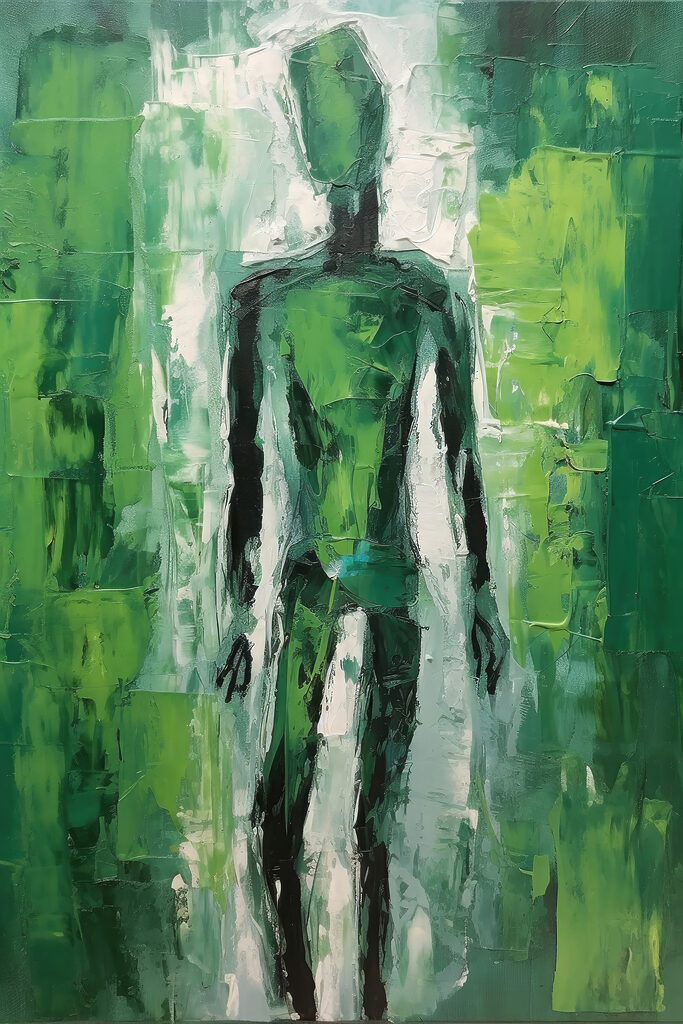 A painting of a man in green A painting of a man in green