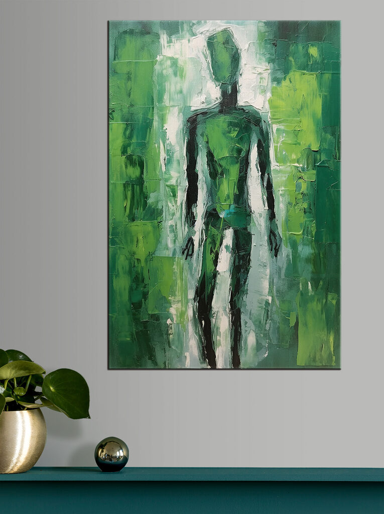 A painting of a man in green A painting of a man in green