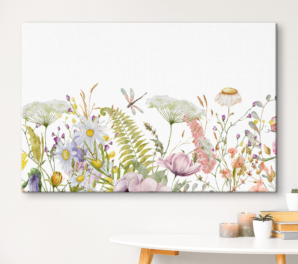 A watercolor of flowers and dragonflies