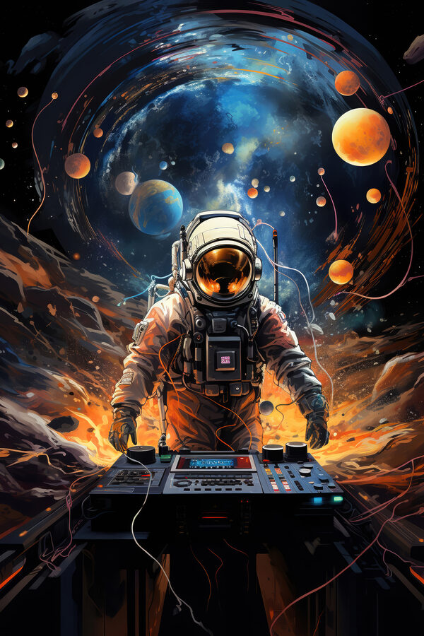 An astronaut in space with a machine An astronaut in space with a machine