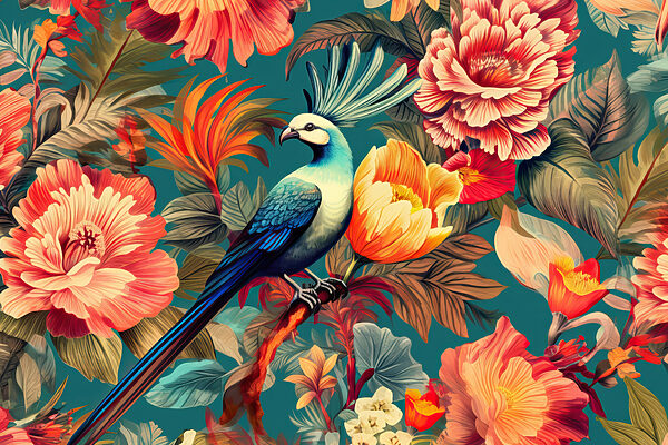 A bird on a branch surrounded by flowers A bird on a branch surrounded by flowers