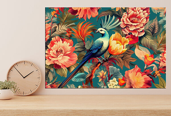 A bird on a branch surrounded by flowers A bird on a branch surrounded by flowers