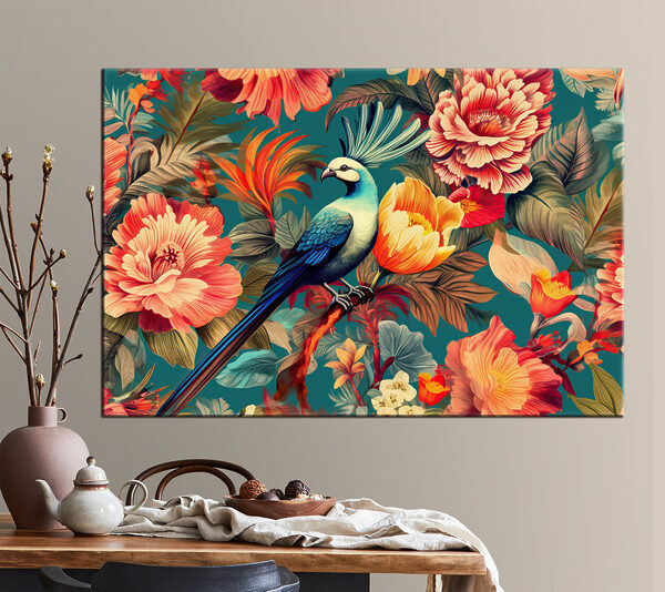 A bird on a branch surrounded by flowers A bird on a branch surrounded by flowers